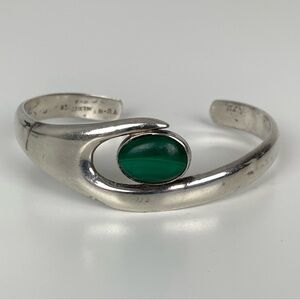 Sterling Silver Bracelet Open Cuff Malachite Taxco Mexico Stamped 925 TB-4 Vtg